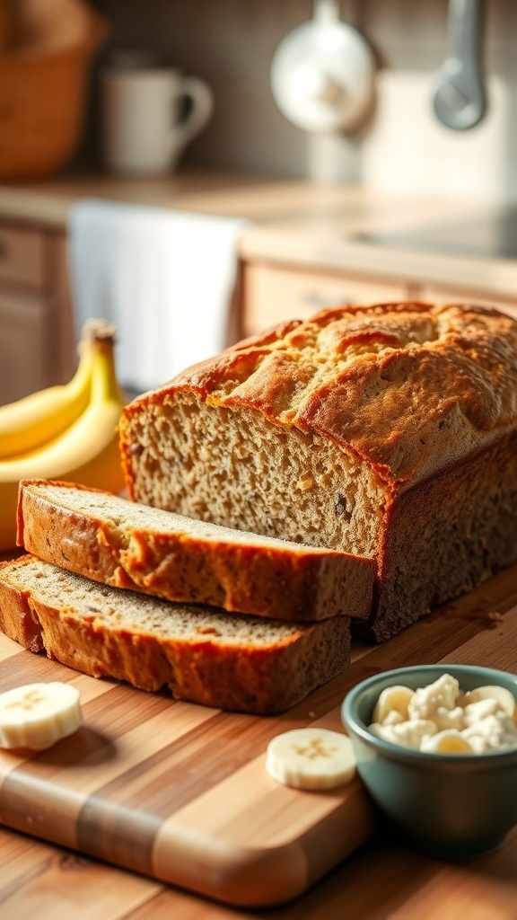 Healthy Banana Bread for Babies Sliced banana bread on a cutting board with banana slices and mashed bananas in a bowl.